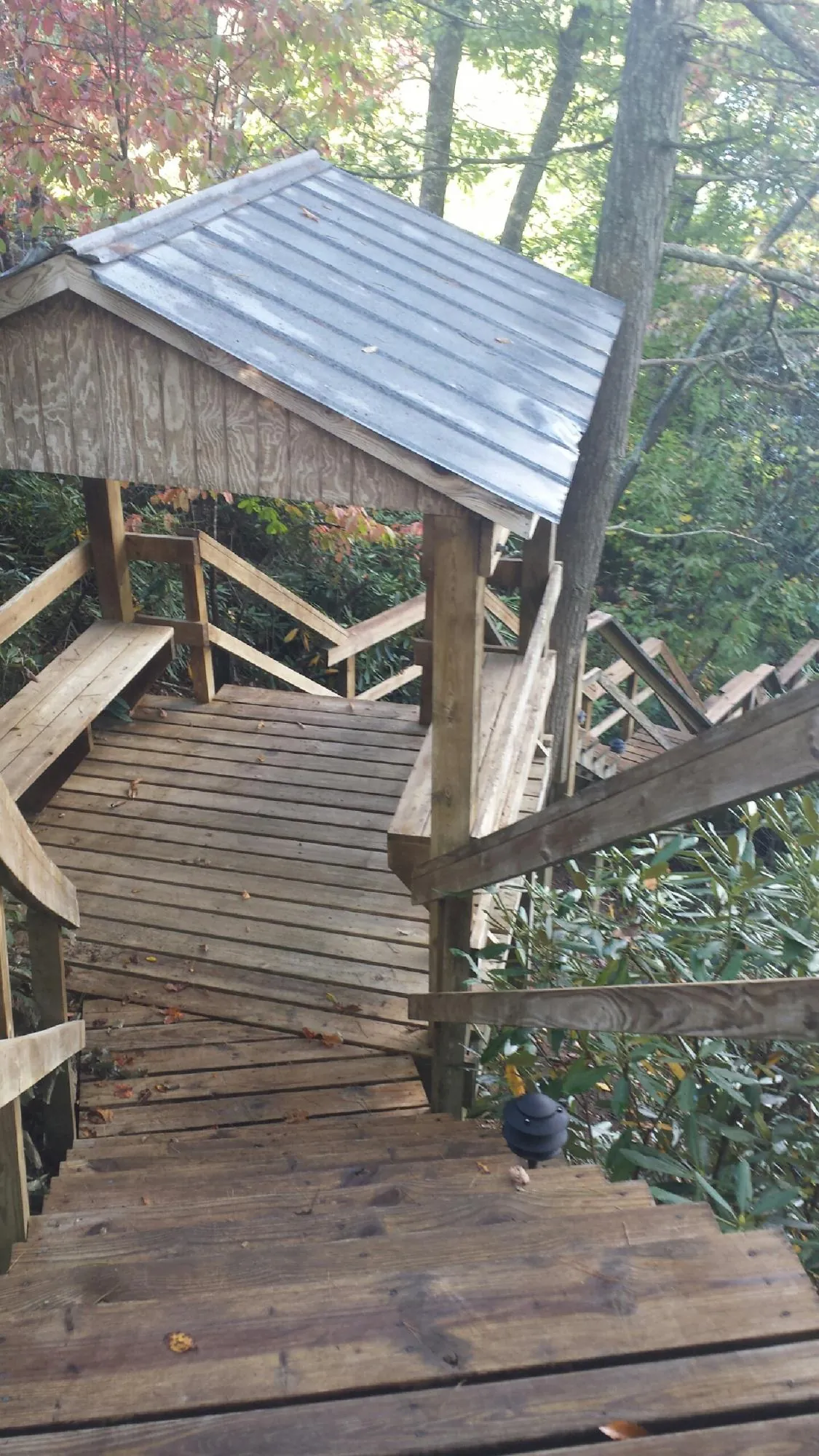 Metal roofed shelter over wooden steps on a wooded walkway — Skylight Repair & Installation work by our crew in Horton